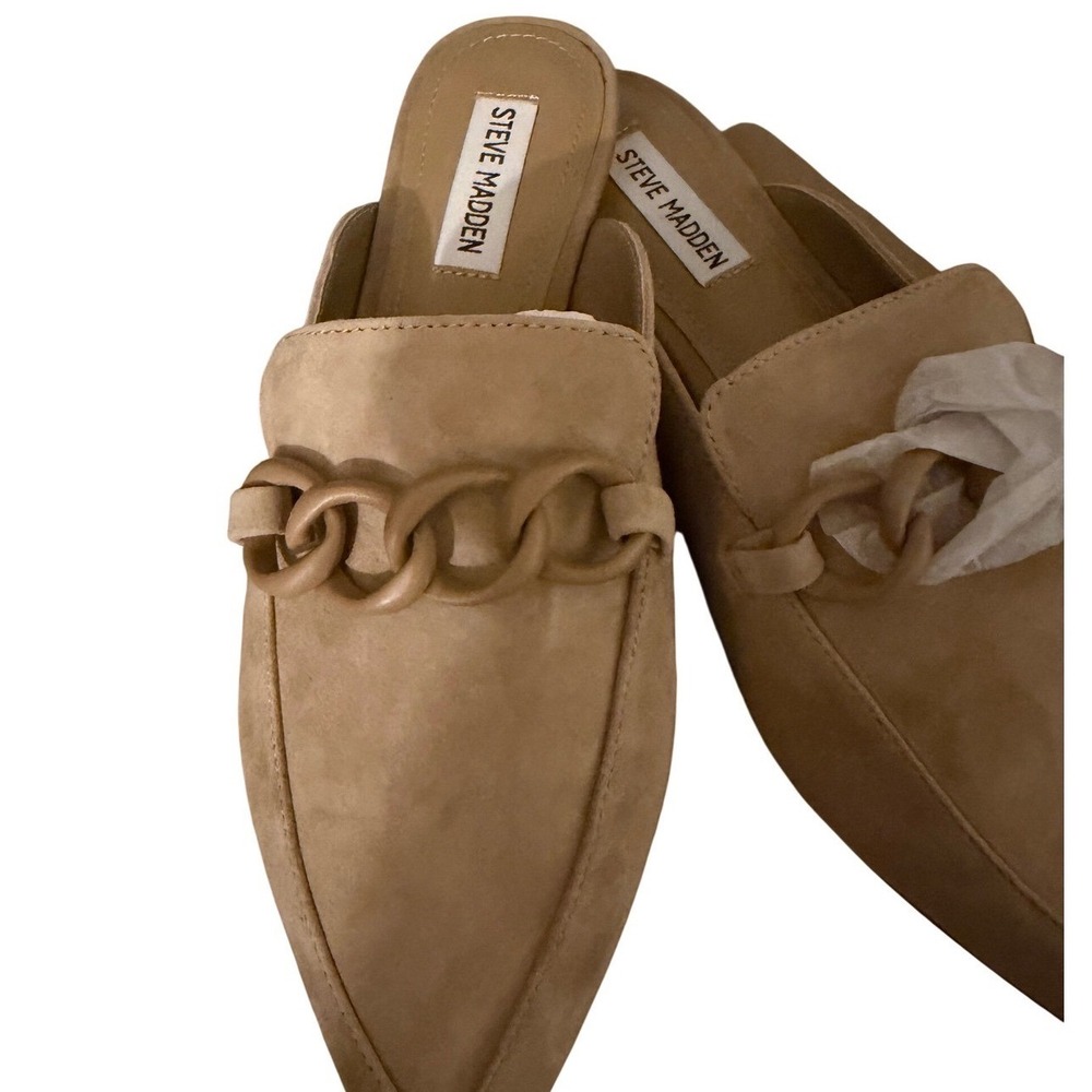 Steve Madden Forte Tan Suede Chain Link Mules Women 8.5 Pointed Toe Flat Loafers - Picture 10 of 11